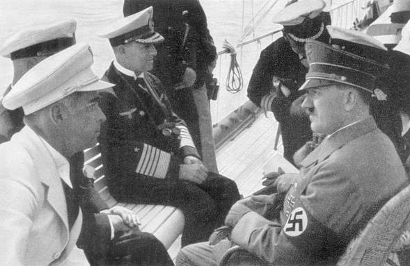 Adolf Hitler with the Commander of the navy and Chairman of the Reichs Sports Hans von Tschammer und Osten on board at the sailing regattas on the Kiel Canal